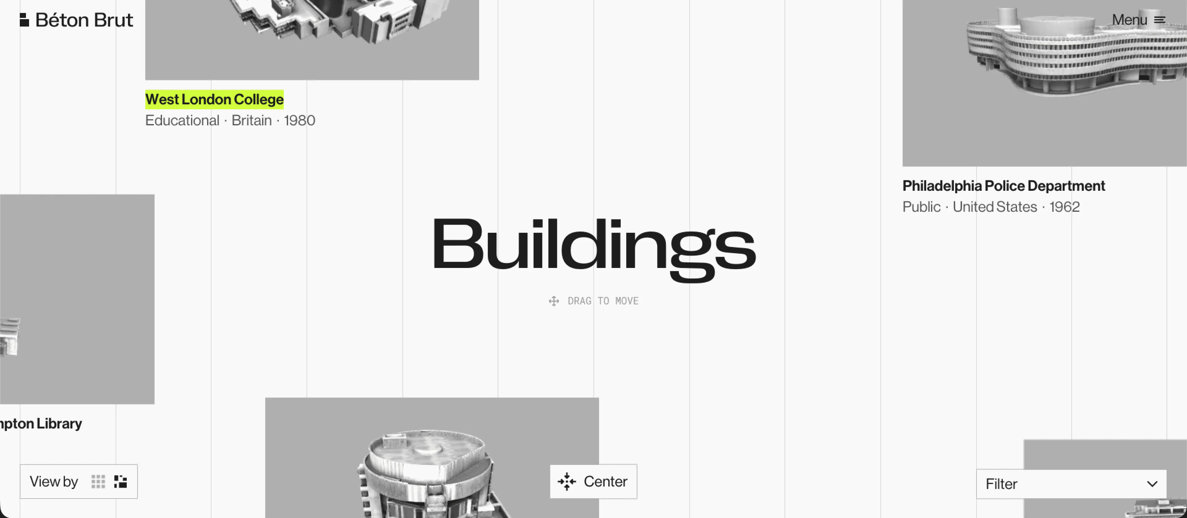 Buildings page with filters and building cards
