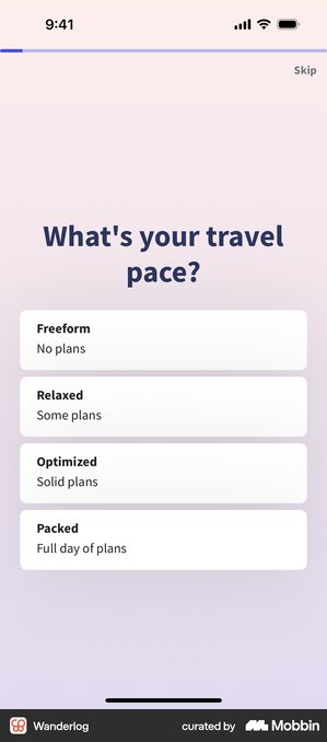 Wanderlog screen on Mobbin: a travel profile, set once
