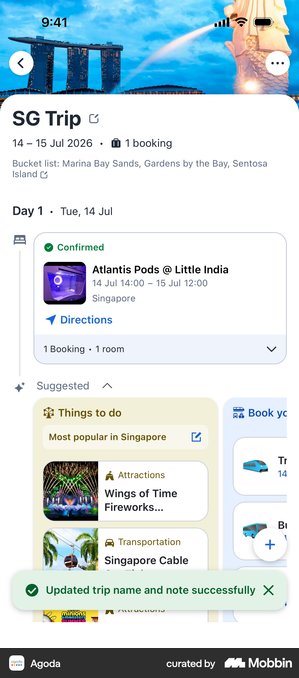 Agoda screen on Mobbin: suggestions next to confirmed bookings
