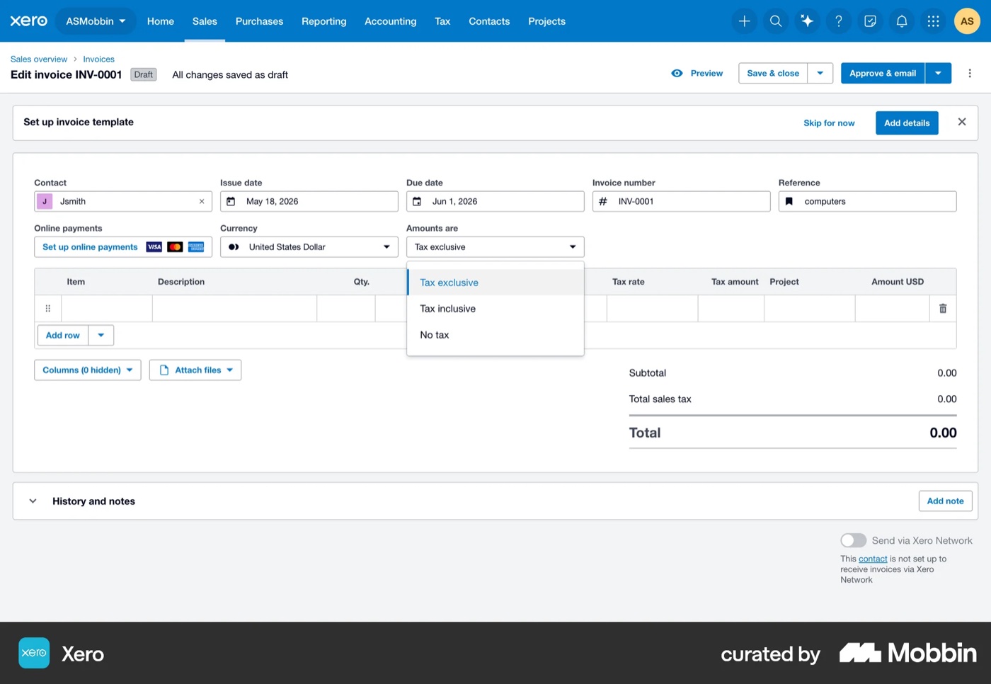 Today's Xero, step 9: a global “amounts are” tax switch